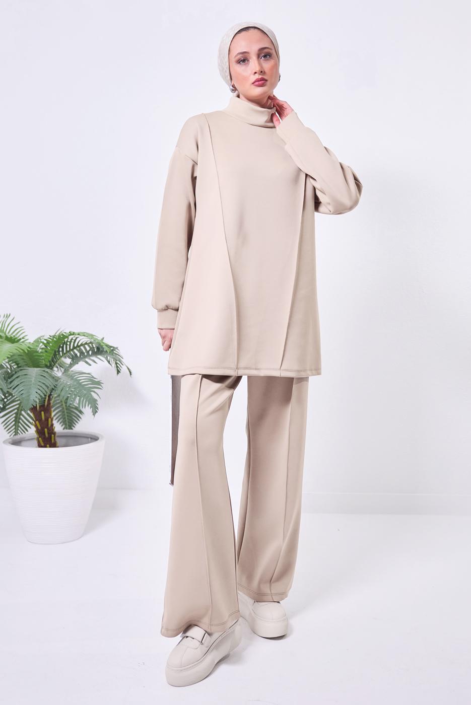 Tesettür giyim BEJ GENİŞ PAÇA SCUBA PANTOLONLU TAKIM T 4353