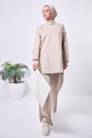 Tesettür giyim BEJ GENİŞ PAÇA SCUBA PANTOLONLU TAKIM T 4353