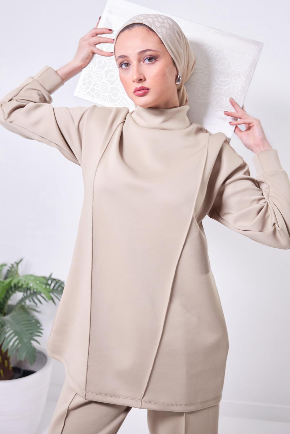 Tesettür giyim BEJ GENİŞ PAÇA SCUBA PANTOLONLU TAKIM T 4353
