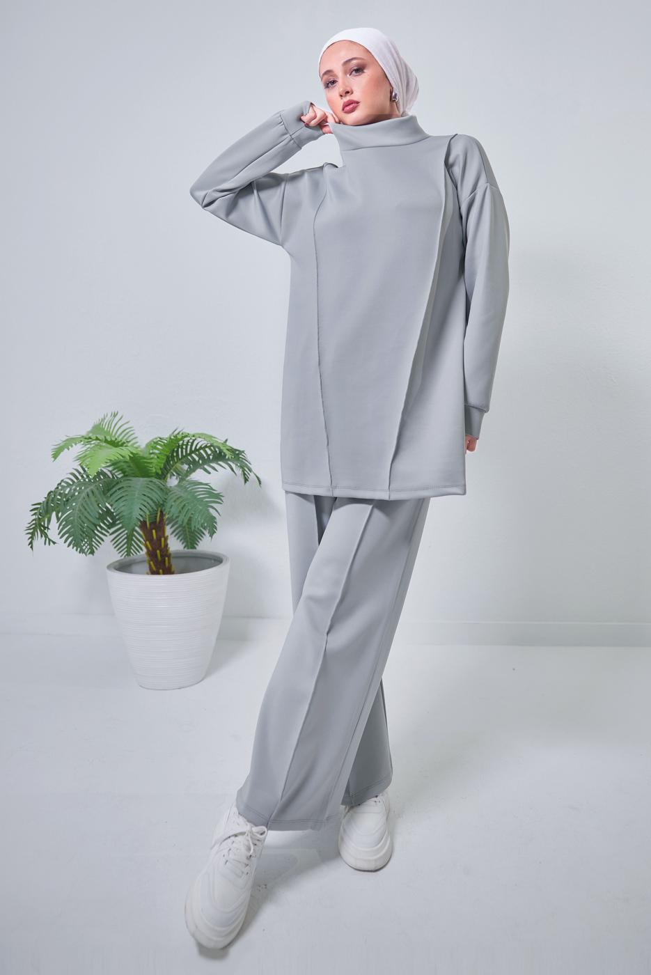 Tesettür giyim GRİ GENİŞ PAÇA SCUBA PANTOLONLU TAKIM T 4353
