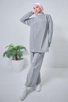 Tesettür giyim GRİ GENİŞ PAÇA SCUBA PANTOLONLU TAKIM T 4353