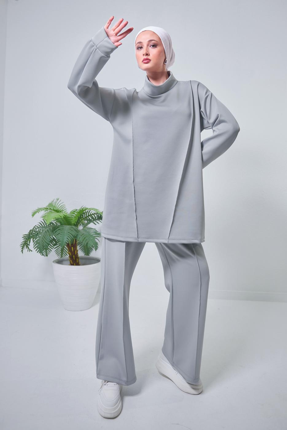 Tesettür giyim GRİ GENİŞ PAÇA SCUBA PANTOLONLU TAKIM T 4353