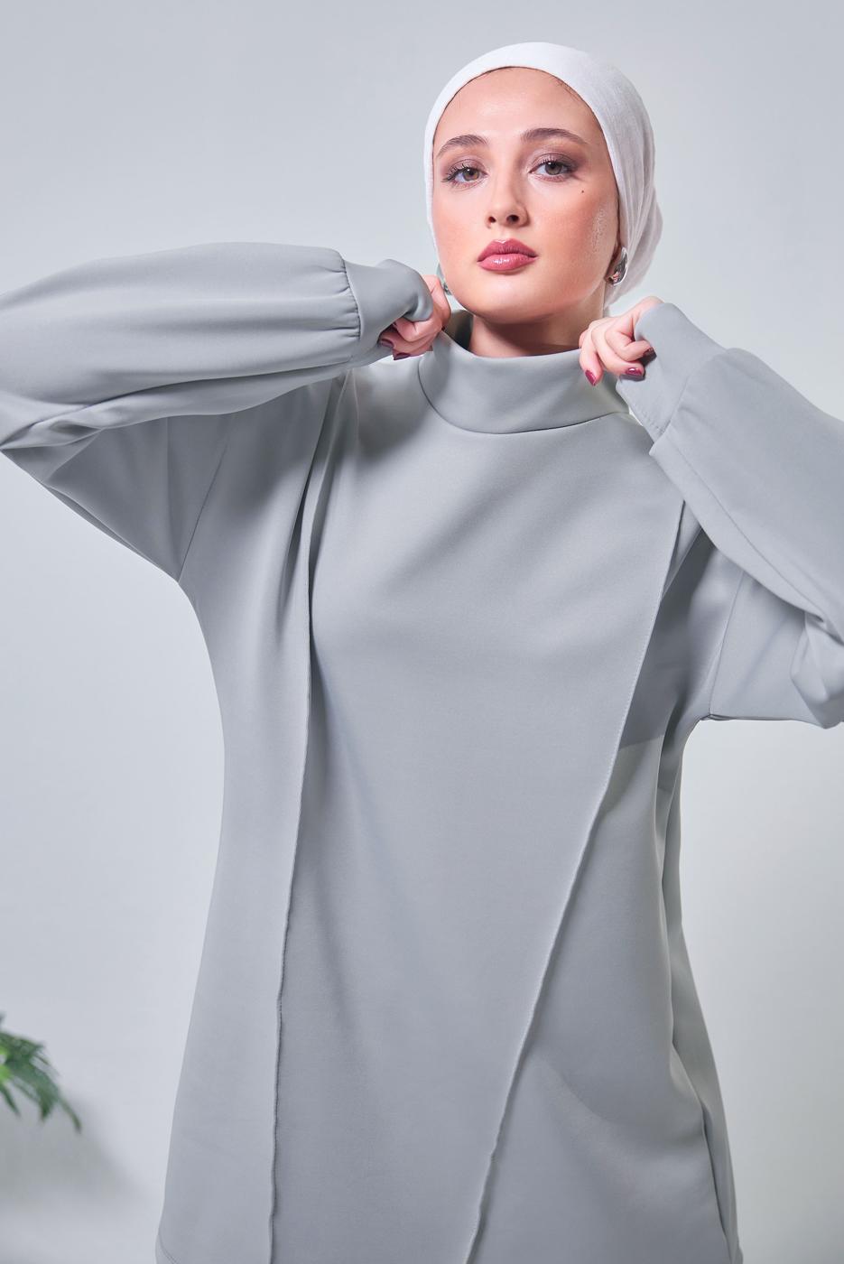 Tesettür giyim GRİ GENİŞ PAÇA SCUBA PANTOLONLU TAKIM T 4353