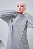 Tesettür giyim GRİ GENİŞ PAÇA SCUBA PANTOLONLU TAKIM T 4353