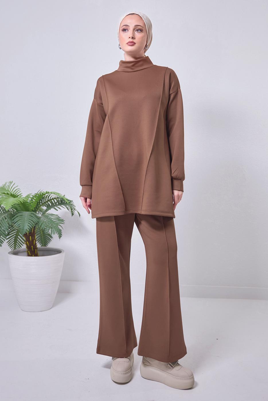 Tesettür giyim KAHVE GENİŞ PAÇA SCUBA PANTOLONLU TAKIM T 4353