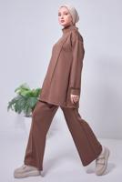 Tesettür giyim KAHVE GENİŞ PAÇA SCUBA PANTOLONLU TAKIM T 4353