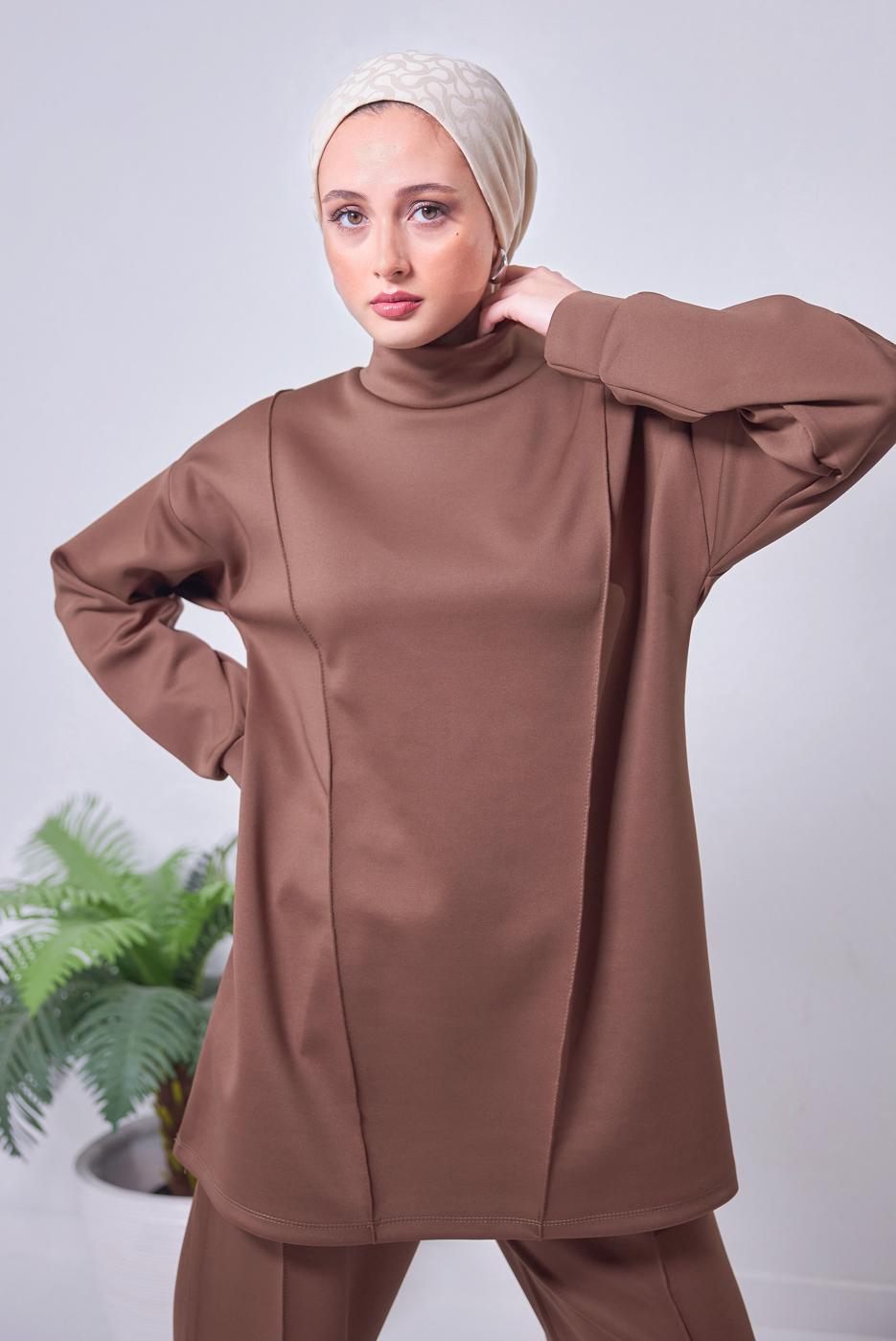 Tesettür giyim KAHVE GENİŞ PAÇA SCUBA PANTOLONLU TAKIM T 4353