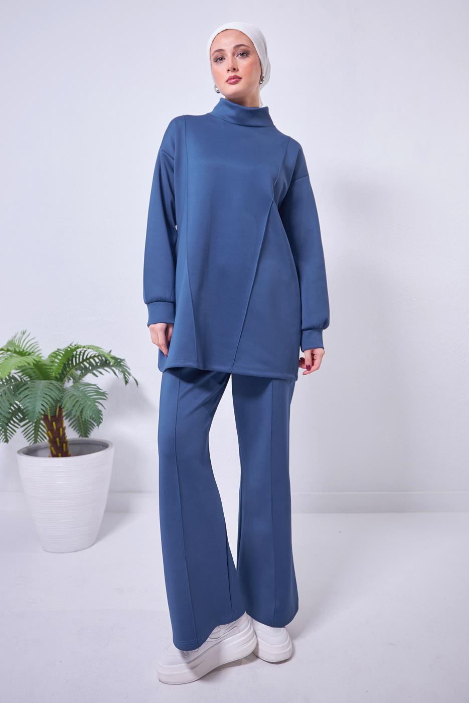Tesettür giyim LACİVERT GENİŞ PAÇA SCUBA PANTOLONLU TAKIM T 4353
