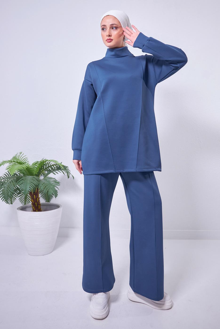 Tesettür giyim LACİVERT GENİŞ PAÇA SCUBA PANTOLONLU TAKIM T 4353