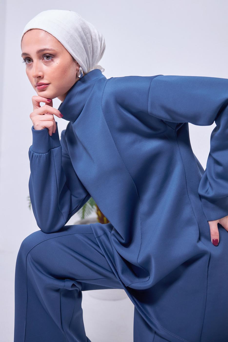 Tesettür giyim LACİVERT GENİŞ PAÇA SCUBA PANTOLONLU TAKIM T 4353
