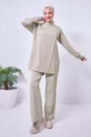 Tesettür giyim KUM GENİŞ PAÇA SCUBA PANTOLONLU TAKIM T 4353