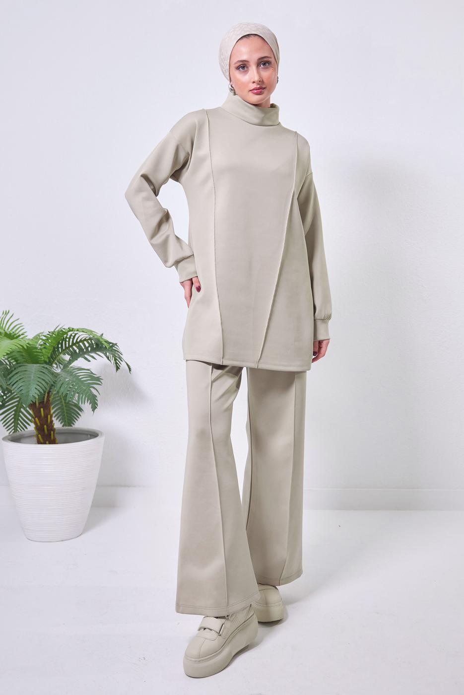 Tesettür giyim KUM GENİŞ PAÇA SCUBA PANTOLONLU TAKIM T 4353