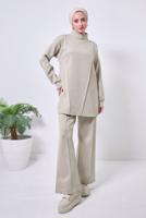 Tesettür giyim KUM GENİŞ PAÇA SCUBA PANTOLONLU TAKIM T 4353