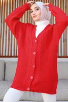 Tesettür giyim KIRMIZI ÖRGÜ DESENLİ HIRKA T 9996