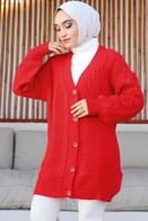 Tesettür giyim KIRMIZI ÖRGÜ DESENLİ HIRKA T 9996