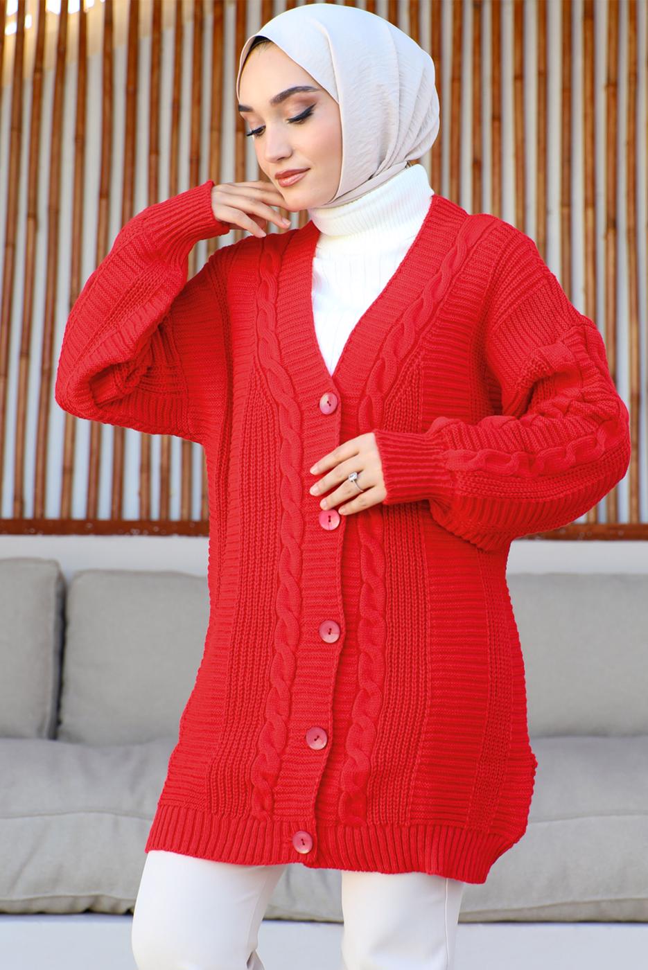 Tesettür giyim KIRMIZI ÖRGÜ DESENLİ HIRKA T 9996