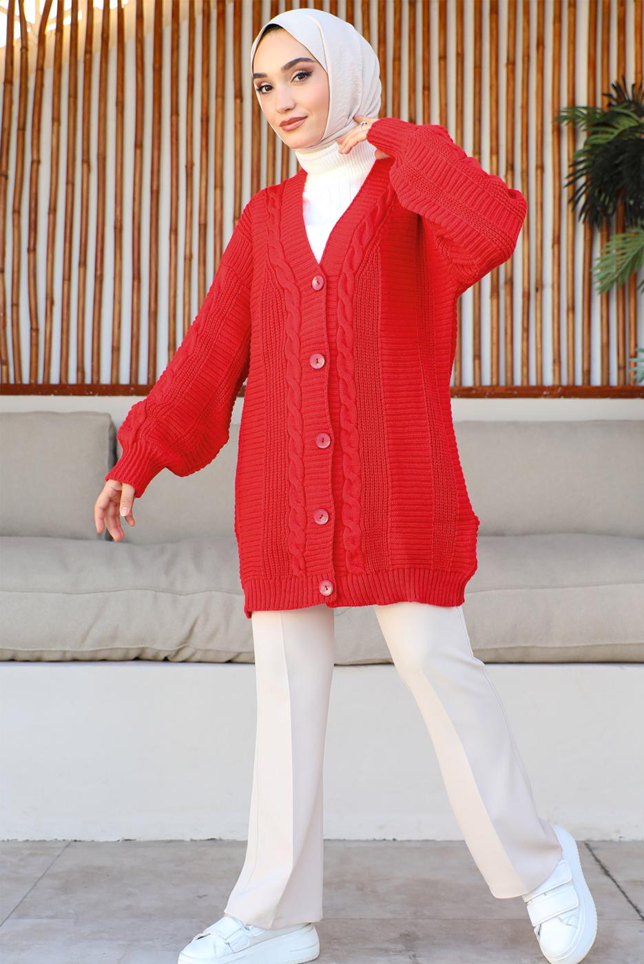 Tesettür giyim KIRMIZI ÖRGÜ DESENLİ HIRKA T 9996