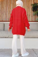 Tesettür giyim KIRMIZI ÖRGÜ DESENLİ HIRKA T 9996