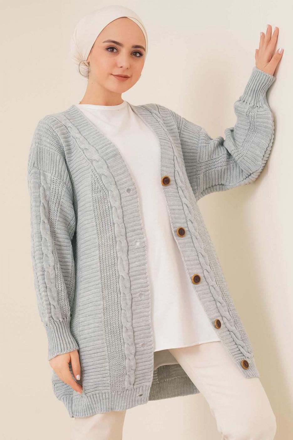 Tesettür giyim GRİ ÖRGÜ DESENLİ HIRKA T 9996