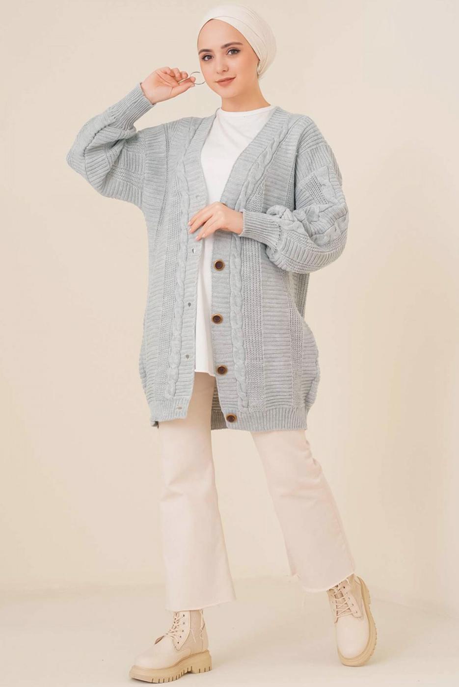 Tesettür giyim GRİ ÖRGÜ DESENLİ HIRKA T 9996