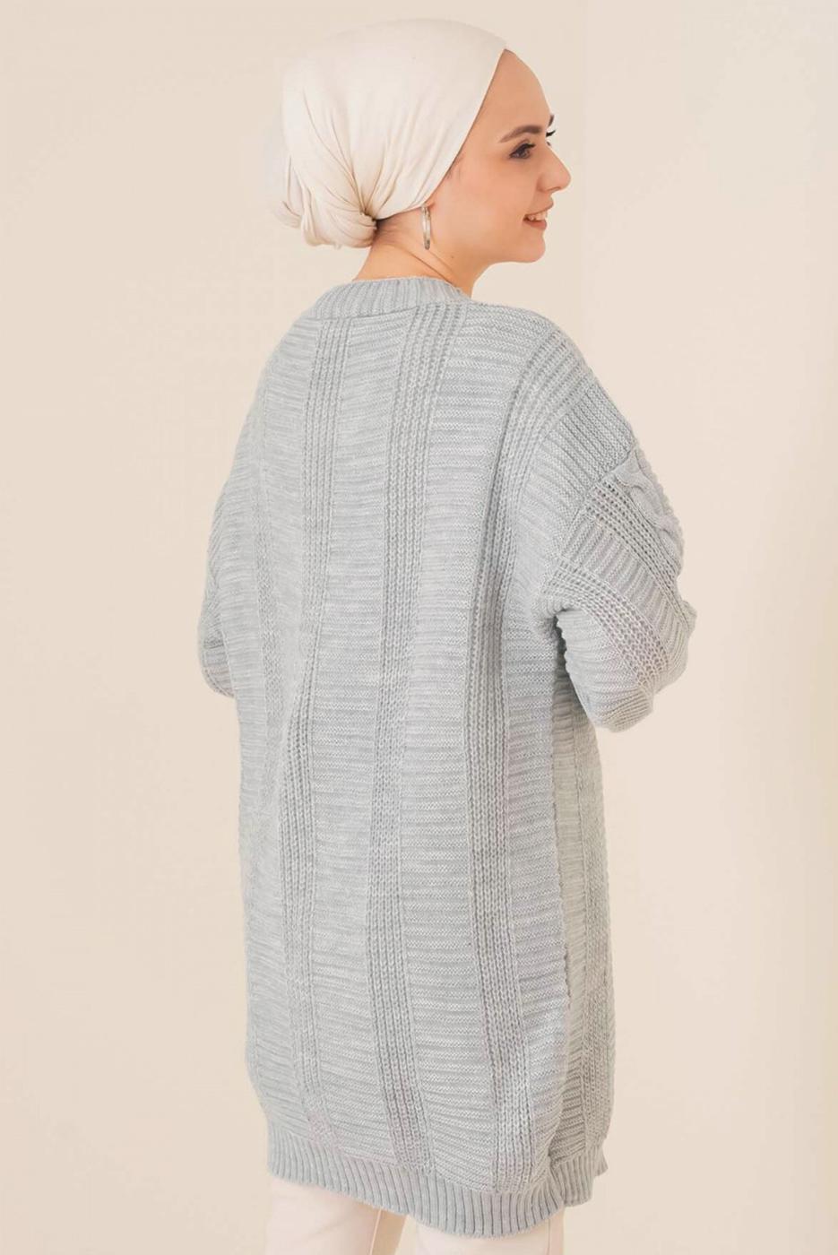 Tesettür giyim GRİ ÖRGÜ DESENLİ HIRKA T 9996