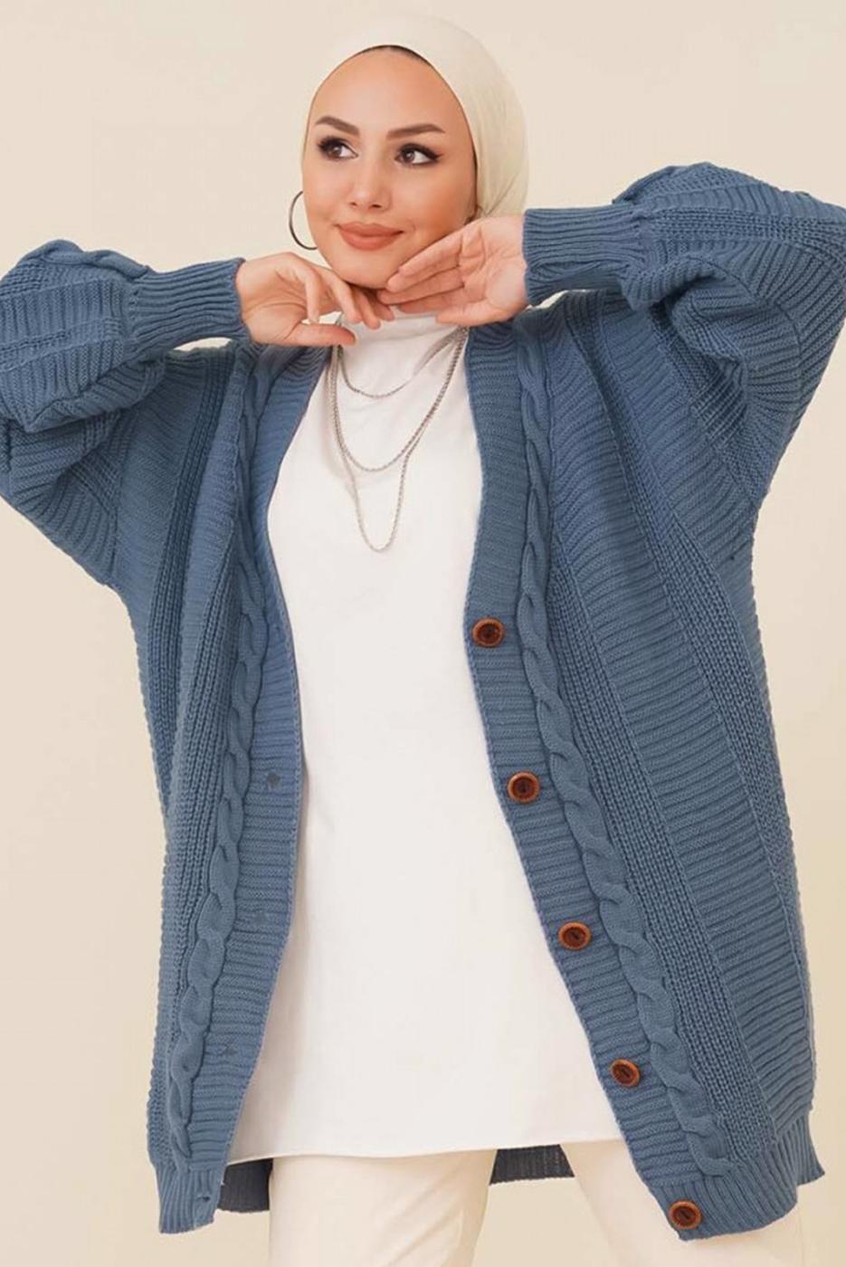 Tesettür giyim LACİVERT ÖRGÜ DESENLİ HIRKA T 9996