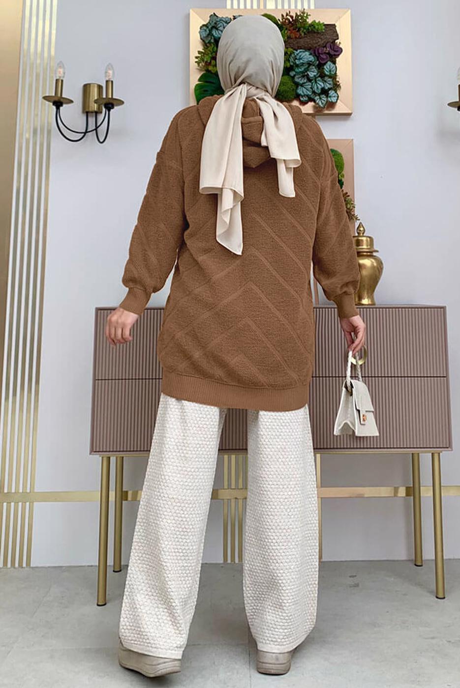 Tesettür giyim TABA KAPÜŞONLU TRİKO TUNİK T 9216