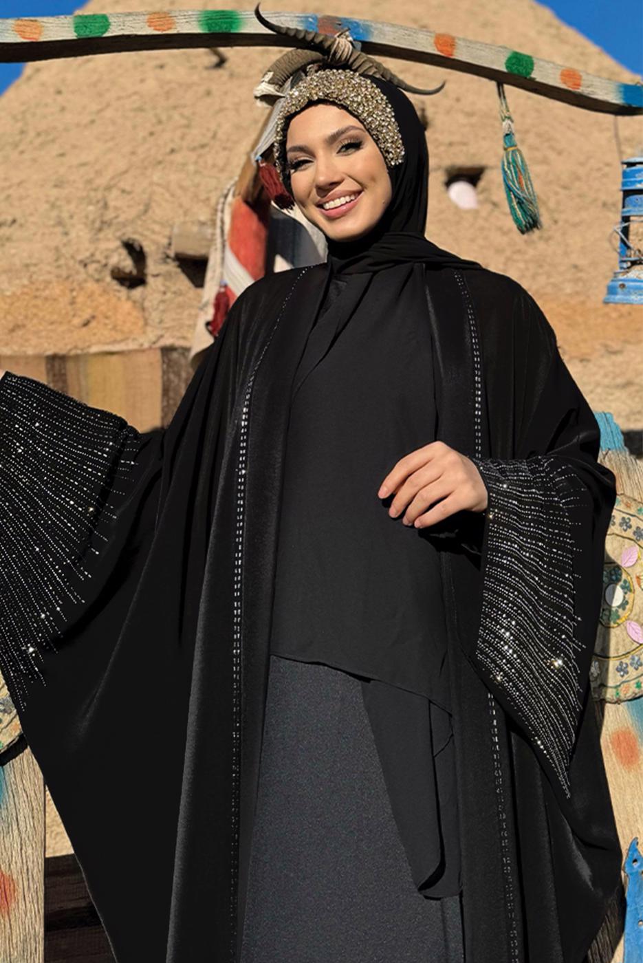 Tesettür giyim SİYAH TAŞ BASKILI ABAYA T 0887