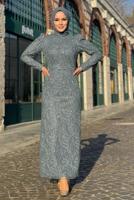 Tesettür giyim GRİ SİMLİ ABİYE ELBİSE T 0411