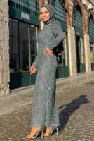 Tesettür giyim GRİ SİMLİ ABİYE ELBİSE T 0411