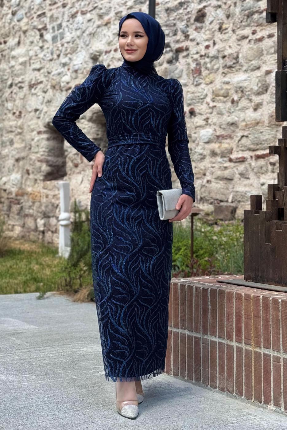 Tesettür giyim LACİVERT SİMLİ ABİYE ELBİSE T 0411