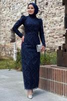 Tesettür giyim LACİVERT SİMLİ ABİYE ELBİSE T 0411