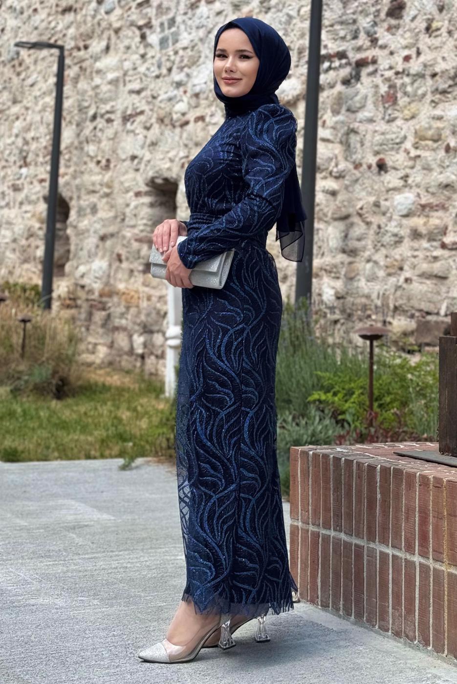 Tesettür giyim LACİVERT SİMLİ ABİYE ELBİSE T 0411