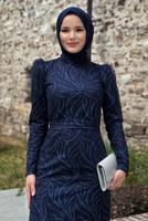 Tesettür giyim LACİVERT SİMLİ ABİYE ELBİSE T 0411