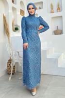 Tesettür giyim LACİVERT SİMLİ ABİYE ELBİSE T 0411