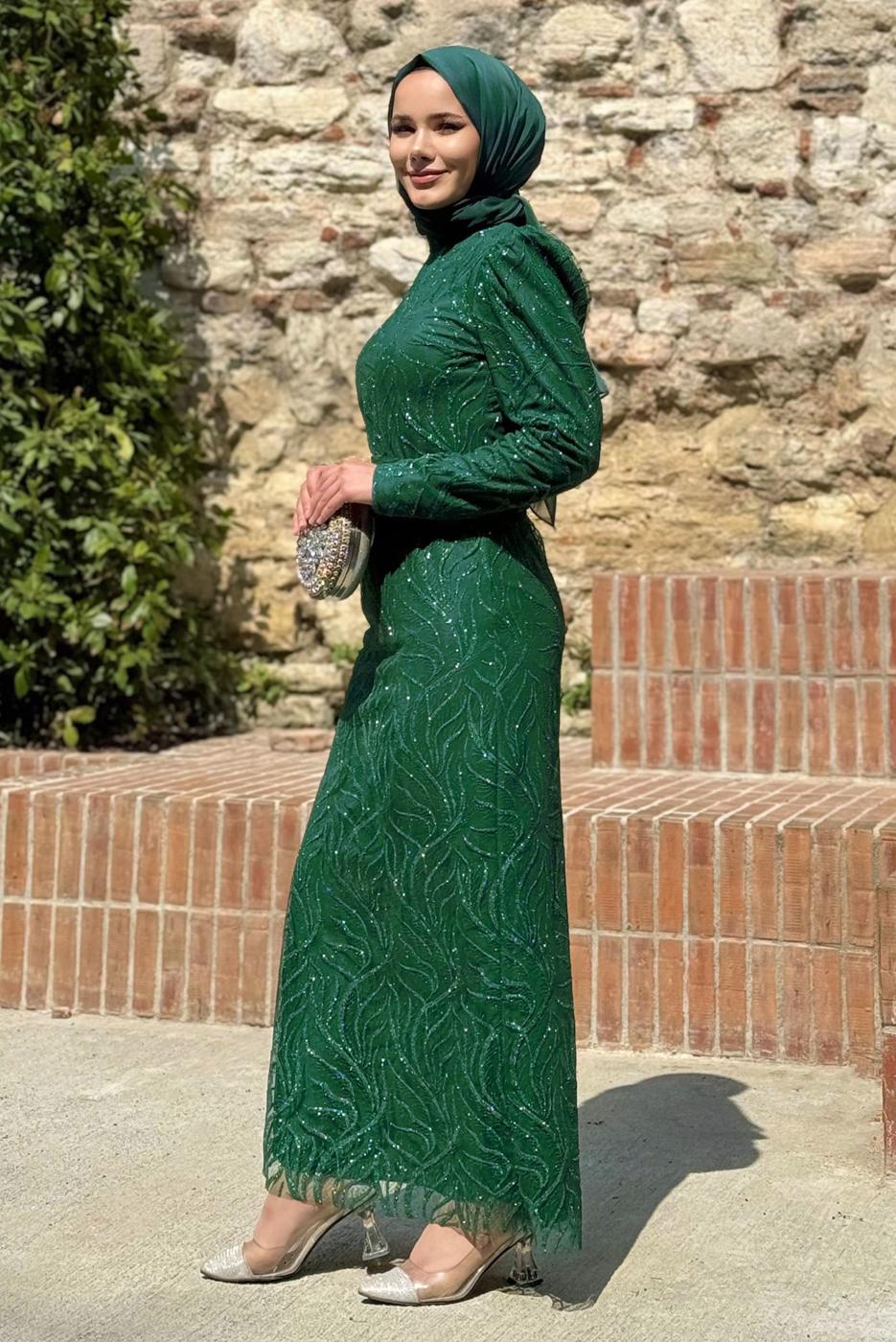 Tesettür giyim YEŞİL SİMLİ ABİYE ELBİSE T 0411
