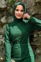 Tesettür giyim YEŞİL SİMLİ ABİYE ELBİSE T 0411