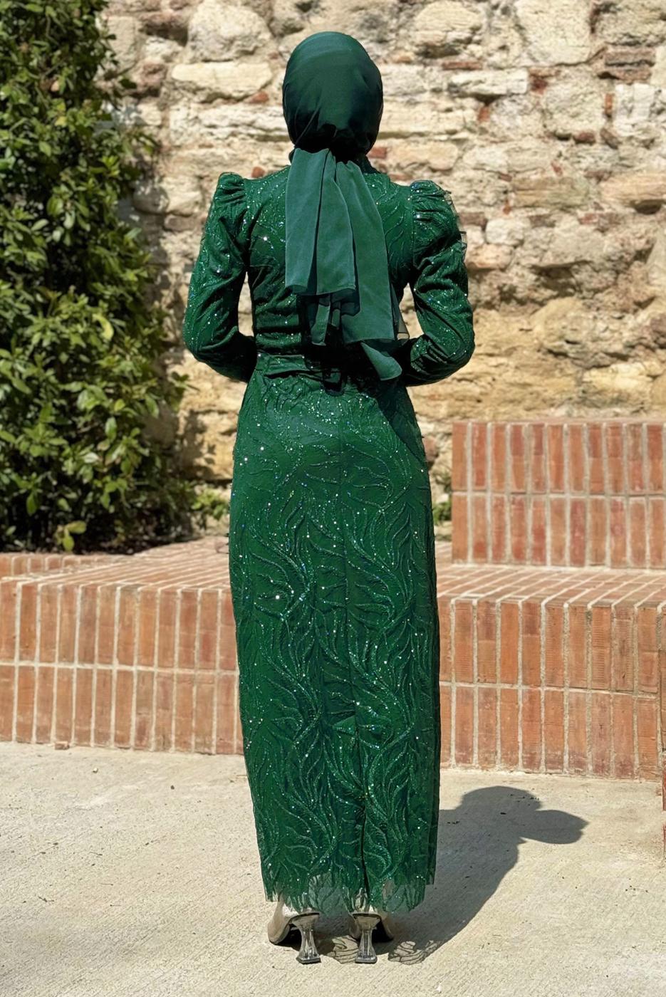 Tesettür giyim YEŞİL SİMLİ ABİYE ELBİSE T 0411