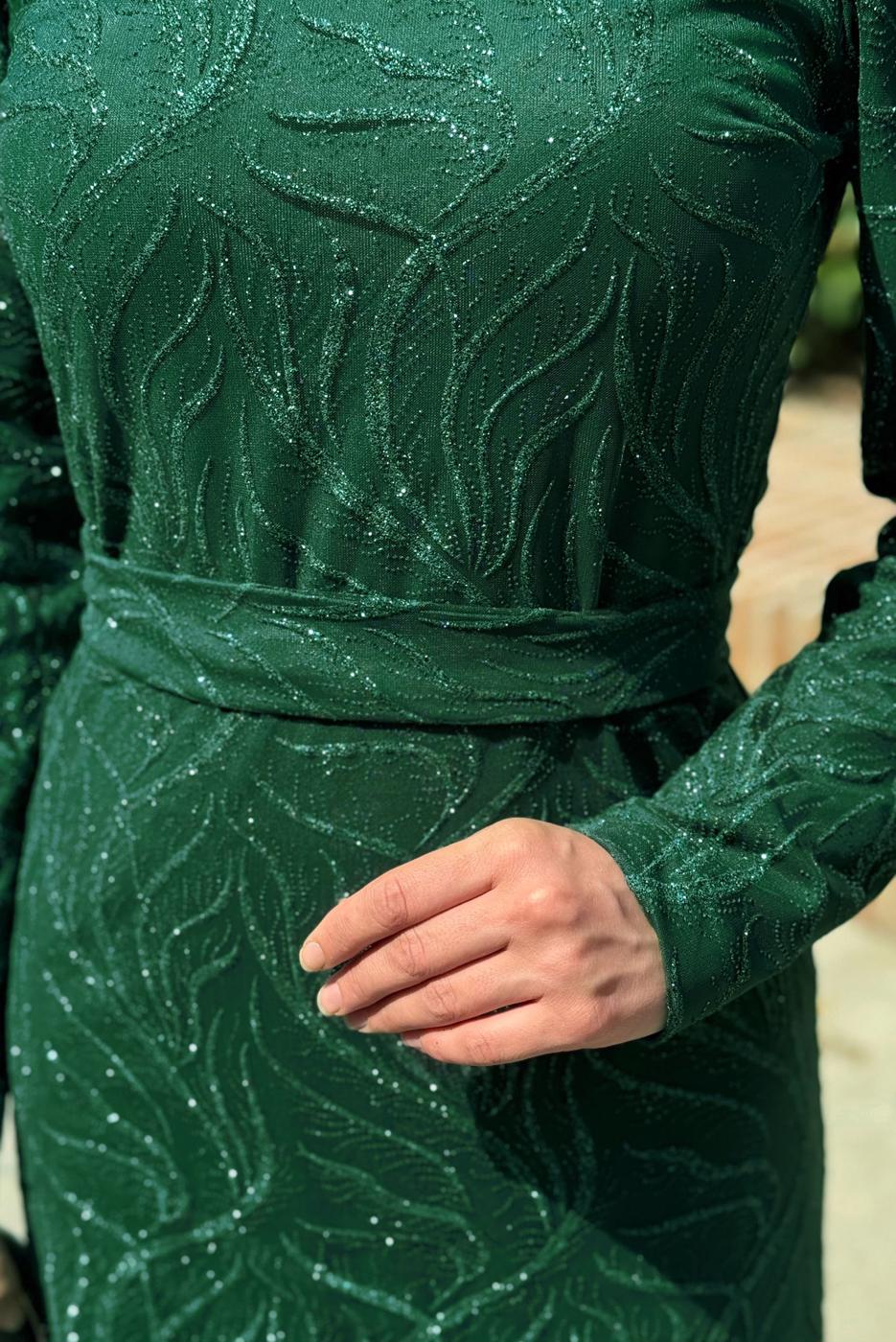 Tesettür giyim YEŞİL SİMLİ ABİYE ELBİSE T 0411