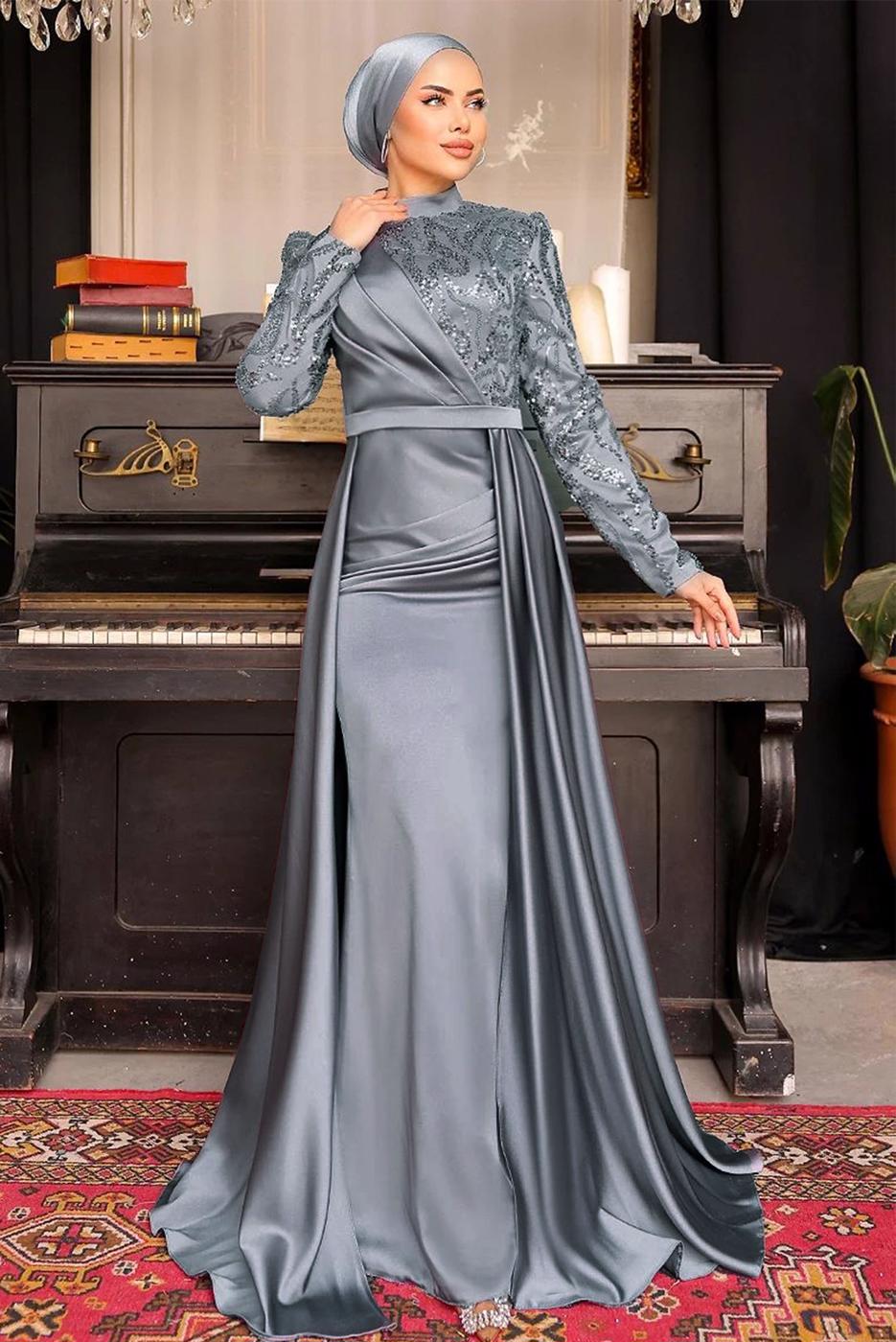 Tesettür giyim GRİ PUL PAYETLİ ABİYE ELBİSE T 0734