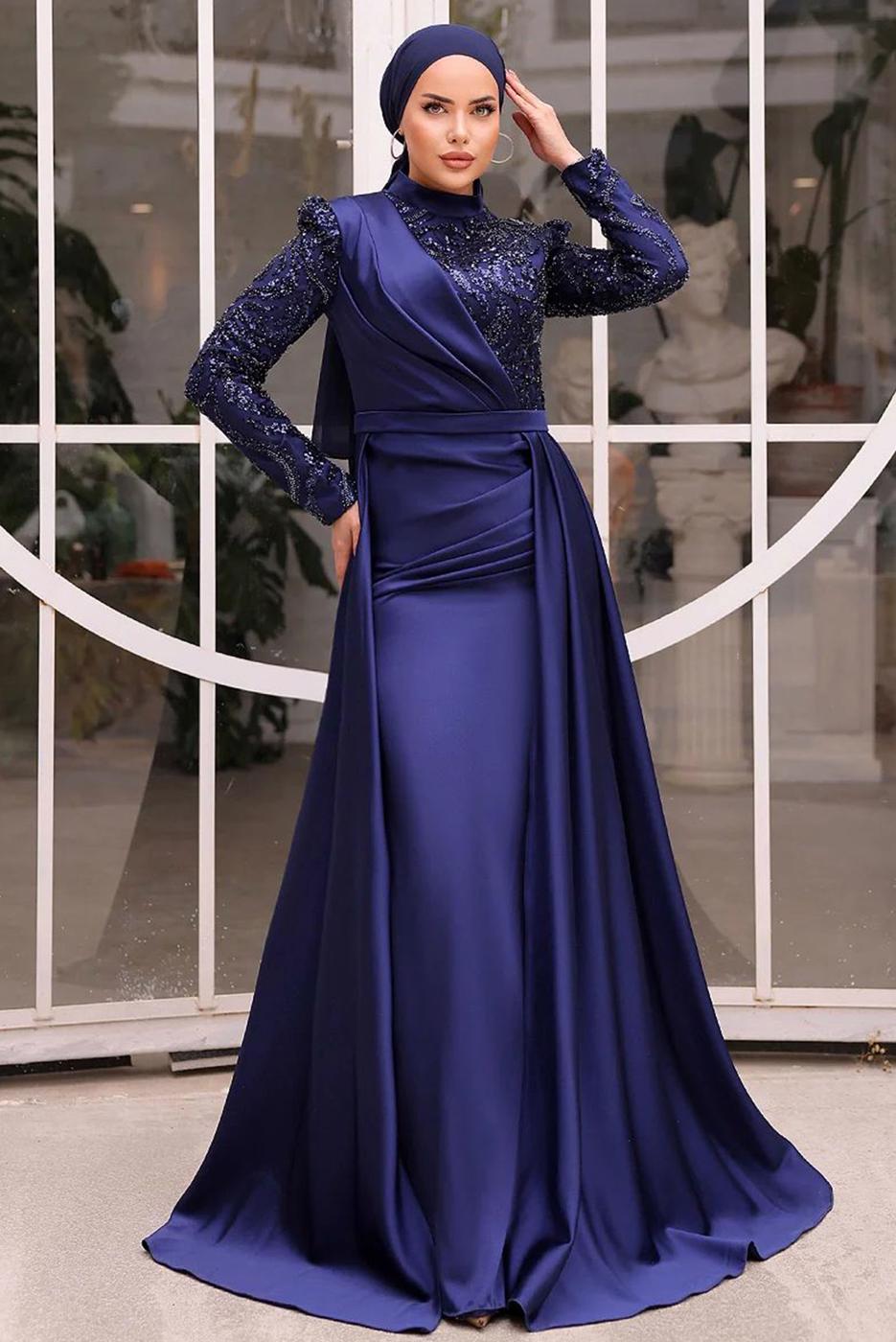 Hijab clothing NAVY BLUE SEQUINED EVENING DRESS T 0734