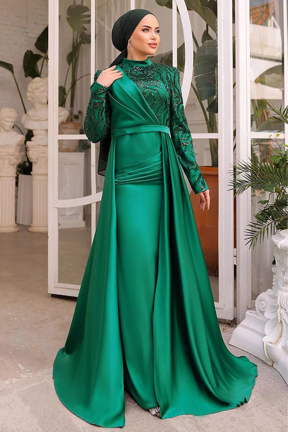 Tesettür giyim YEŞİL PUL PAYETLİ ABİYE ELBİSE T 0734