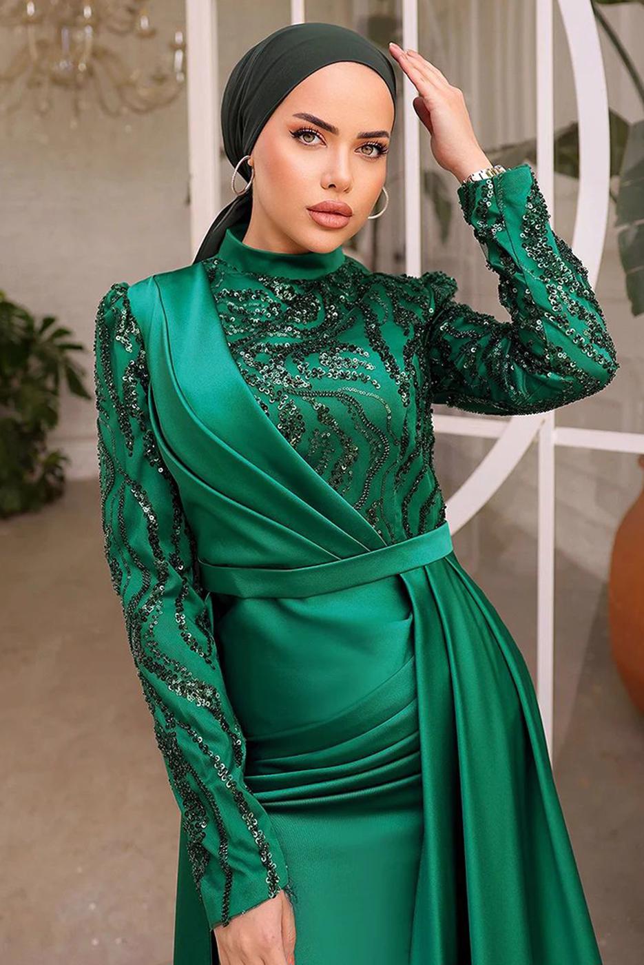 Tesettür giyim YEŞİL PUL PAYETLİ ABİYE ELBİSE T 0734