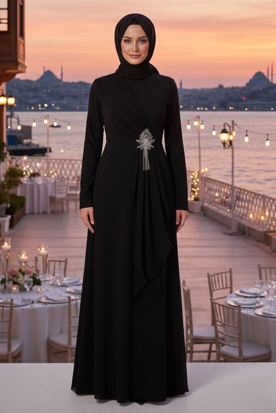 Tesettür giyim SİYAH TAŞ DETAYLI ABİYE ELBİSE T 0753