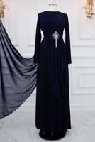 Tesettür giyim LACİVERT TAŞ DETAYLI ABİYE ELBİSE T 0753