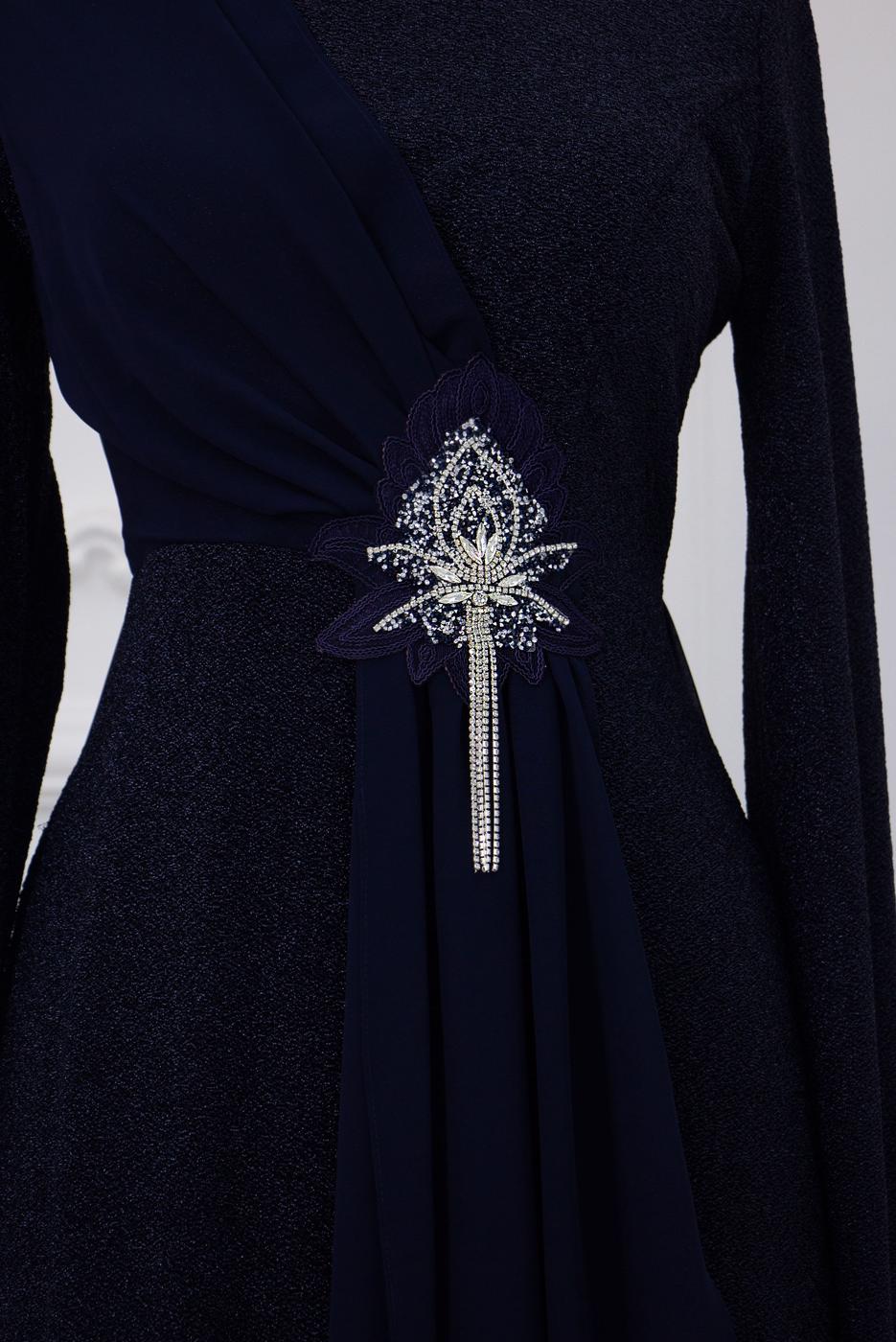 Tesettür giyim LACİVERT TAŞ DETAYLI ABİYE ELBİSE T 0753