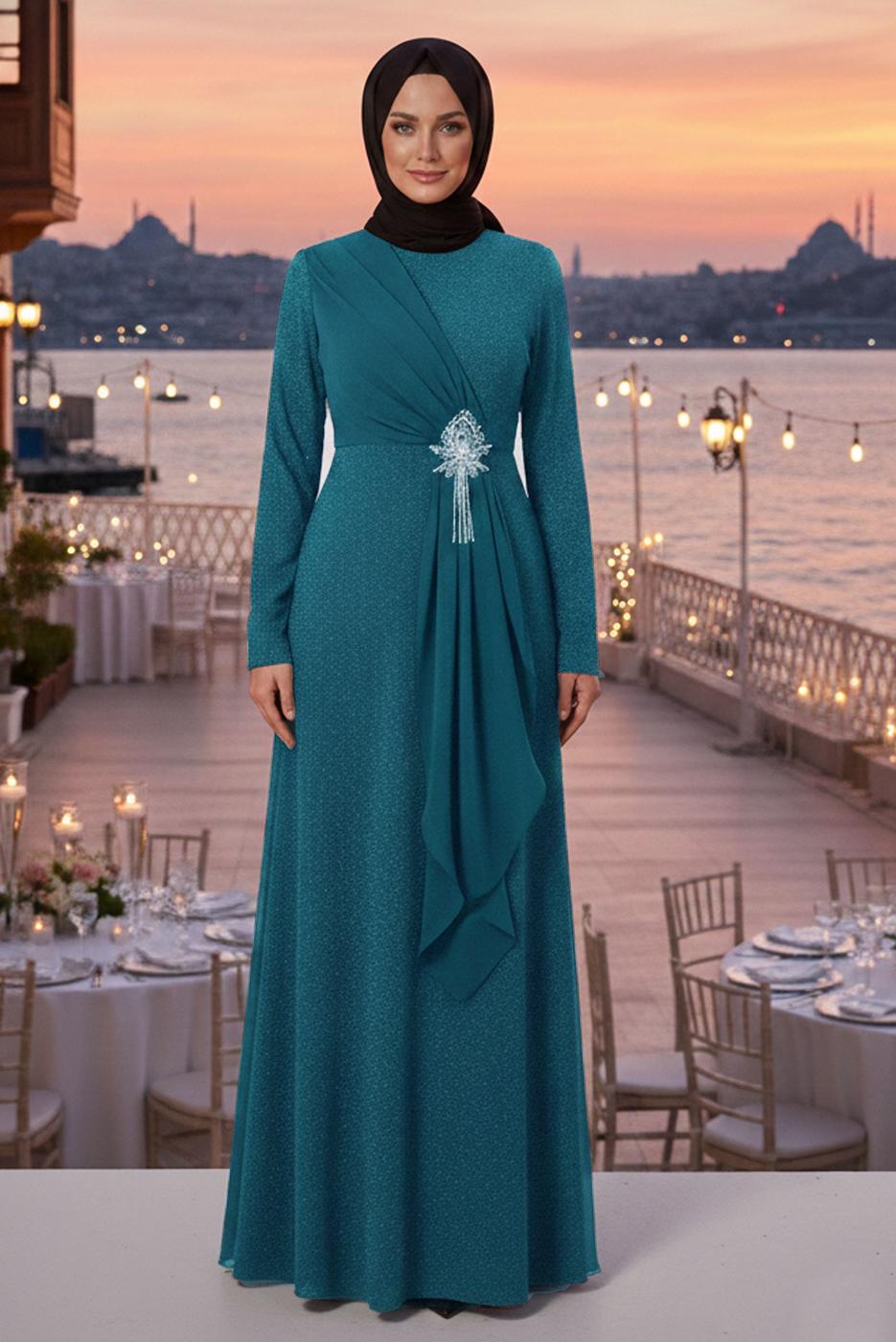 Tesettür giyim MAVİ TAŞ DETAYLI ABİYE ELBİSE T 0753