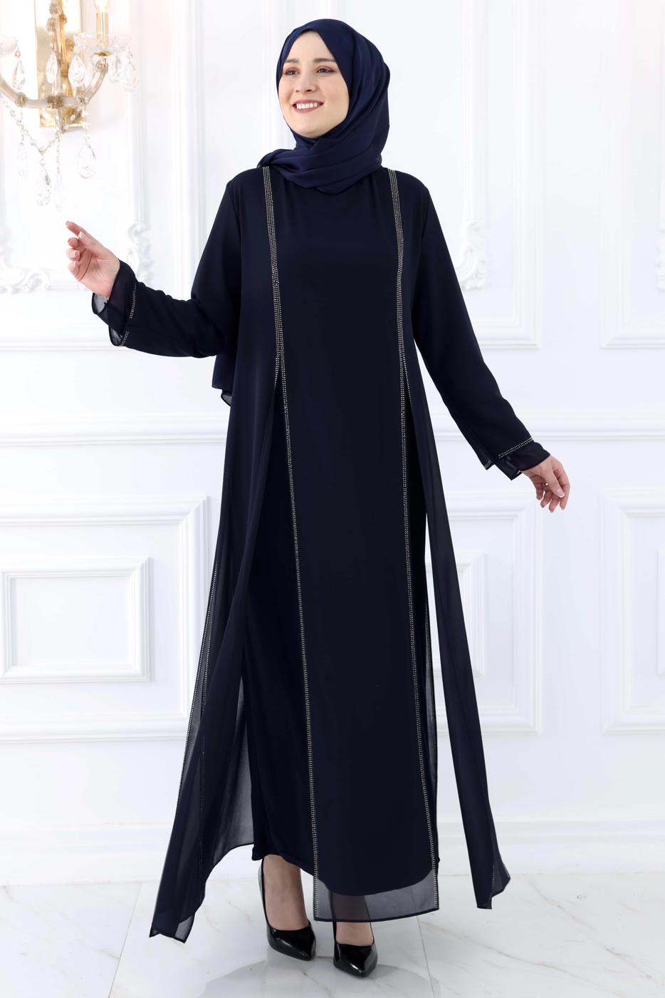 Hijab clothing NAVY BLUE EVENING DRESS WITH GEM T 0921