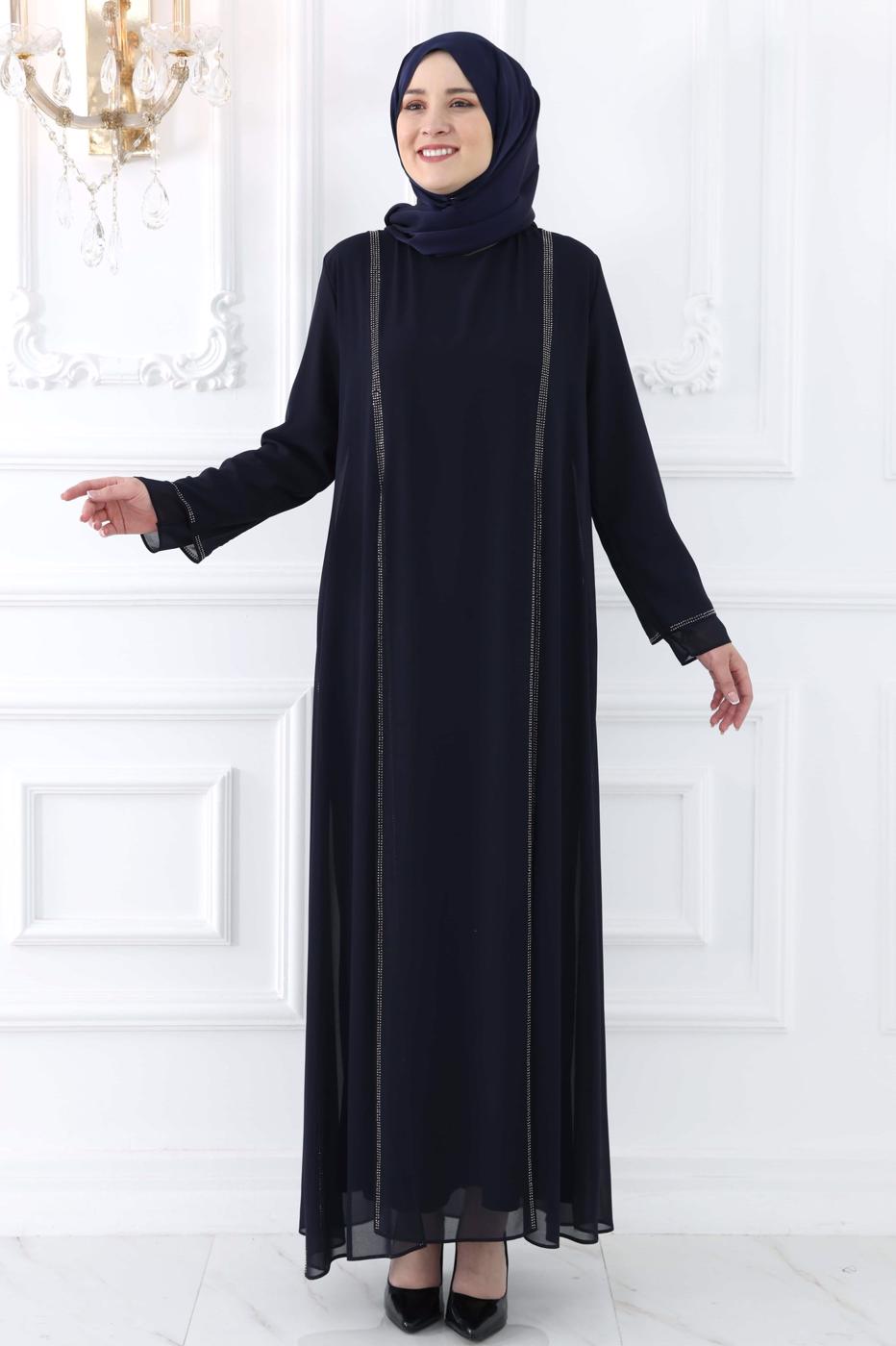 Hijab clothing NAVY BLUE EVENING DRESS WITH GEM T 0921