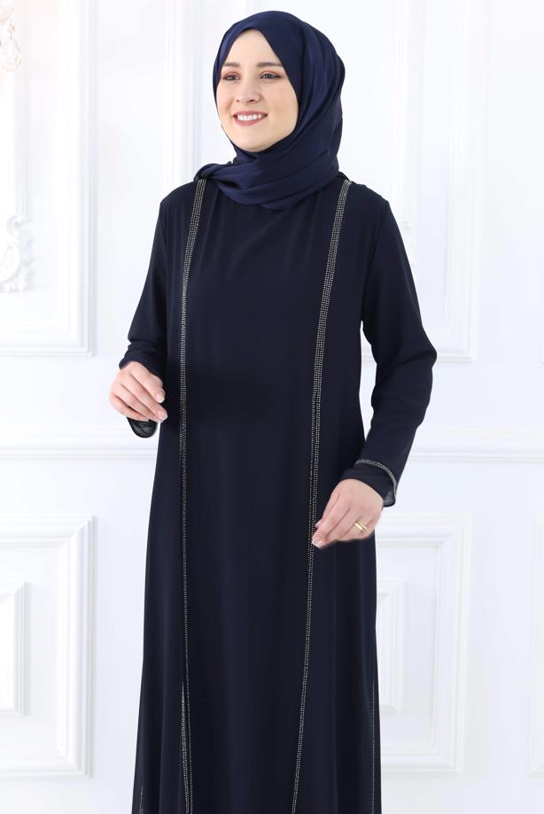 Tesettür giyim LACİVERT TAŞ DETAYLI ABİYE ELBİSE T 0921 - TRENDTESETTÜR